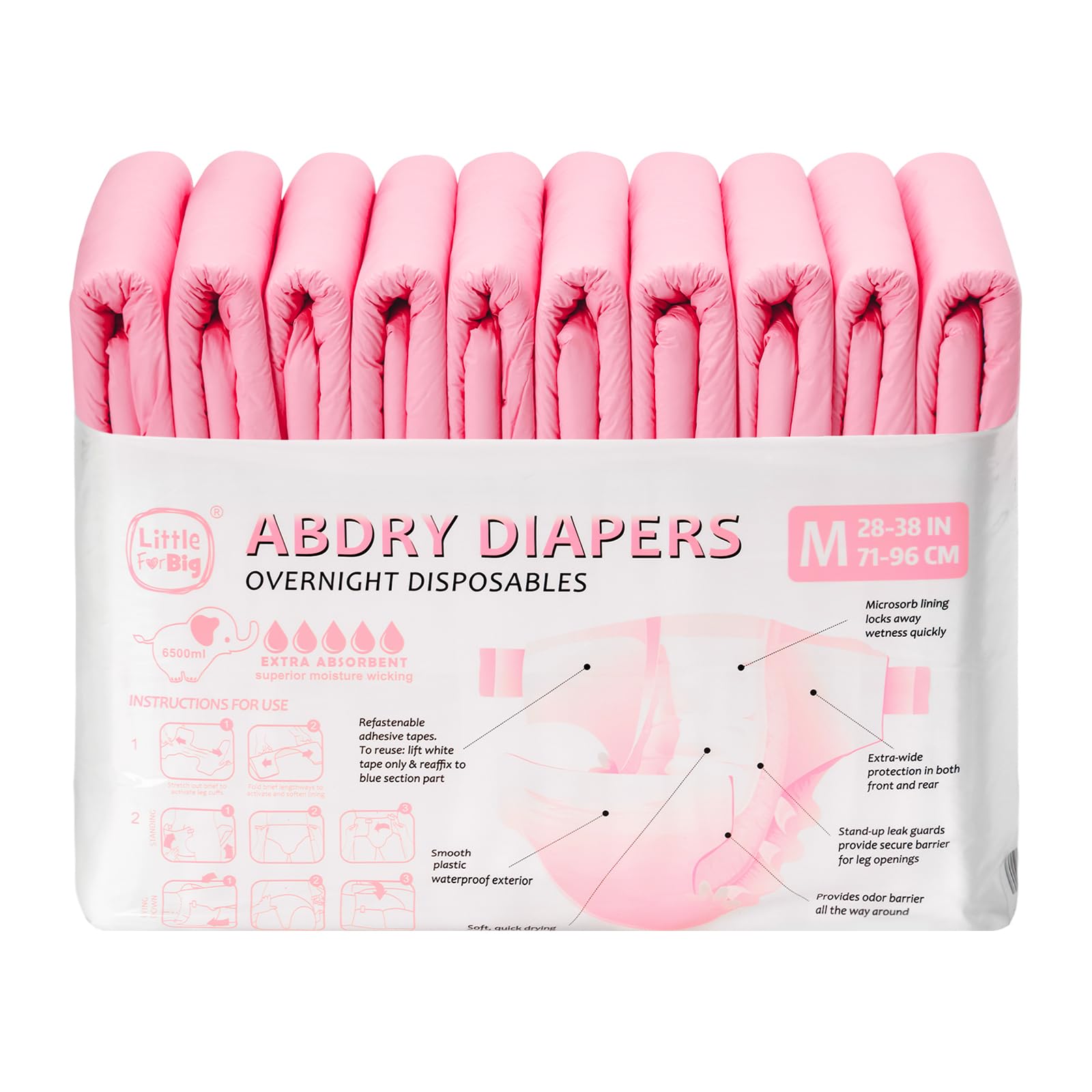 Littleforbig Adjustable Tapes Adult Diaper 10 Pieces - ABDry Ultra Absorbent Diapers 6500 mL Pink (Medium 28"-38") - Image 6