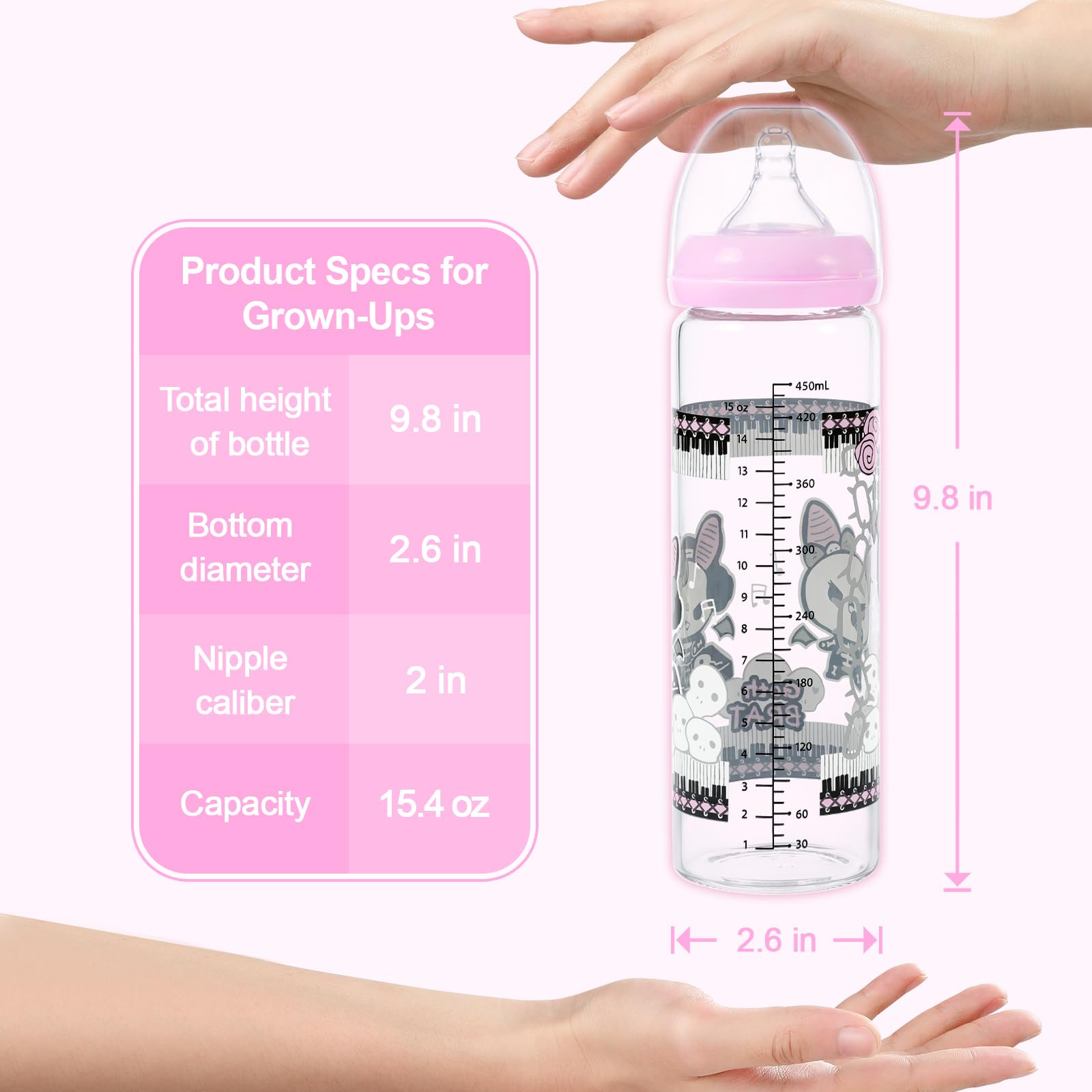 LittleForBig Adult Baby Bottle Ultra Printed Specialty Oversized Glass Feeding Bella Goth Brat Pattern - Image 5