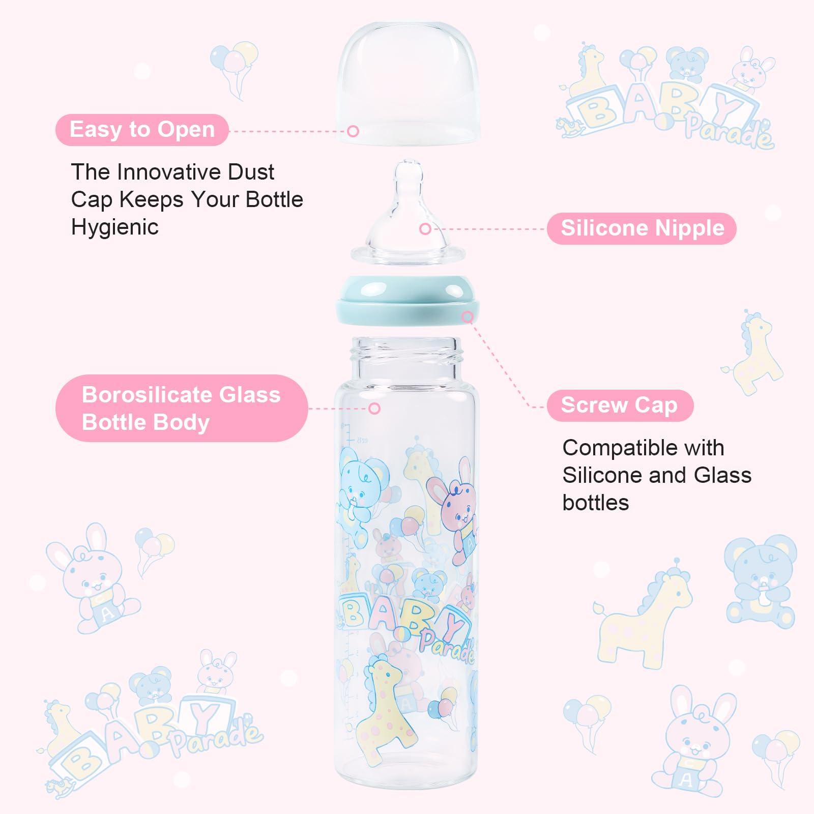 LittleForBig Adult Glass Feeding Bottle Ultra Printed Specialty Oversized Baby Parade Pattern - Image 5