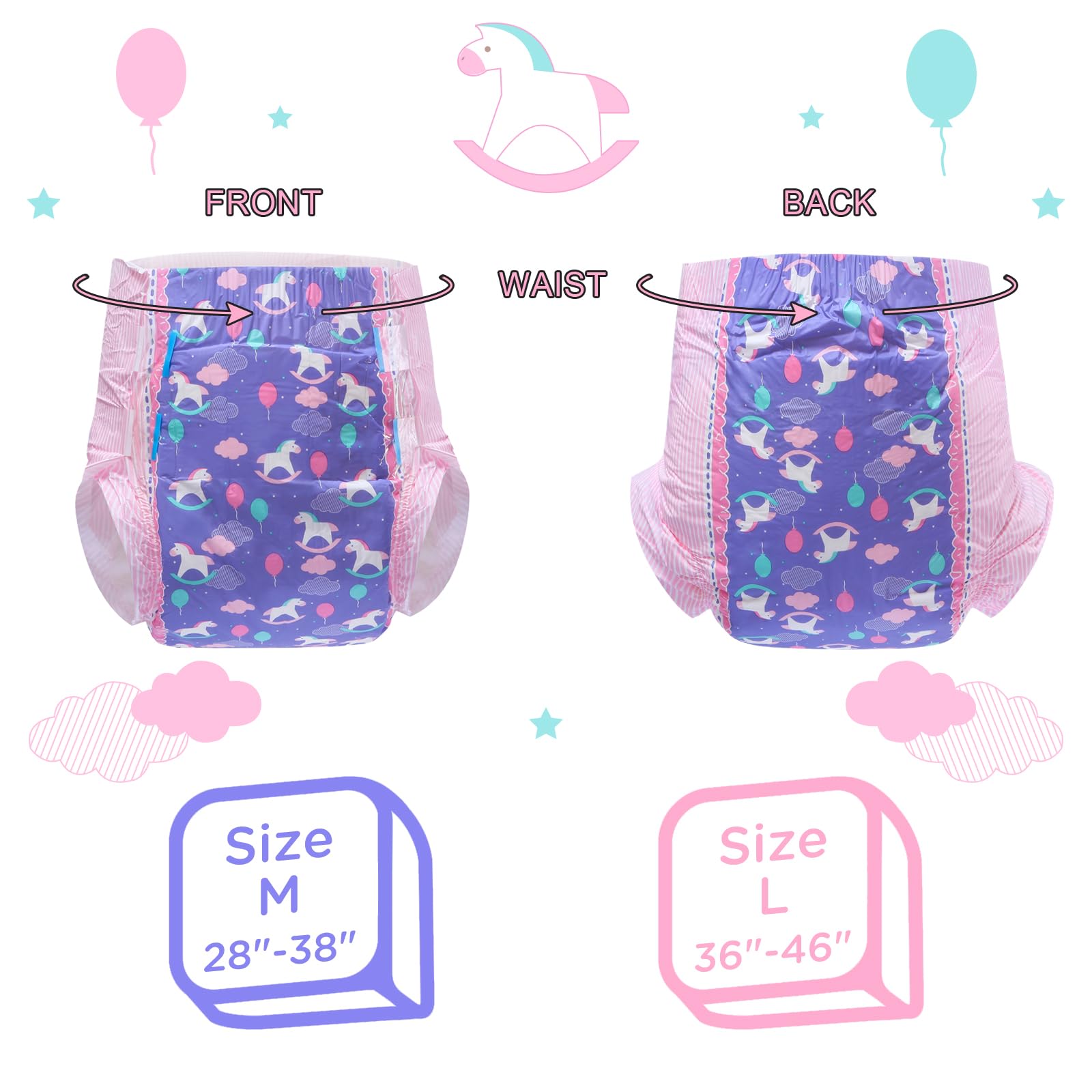 Littleforbig Adult Printed Diaper 40 Pieces (4 Packs) - Little Fantasy (Medium 28"-38") - Image 3