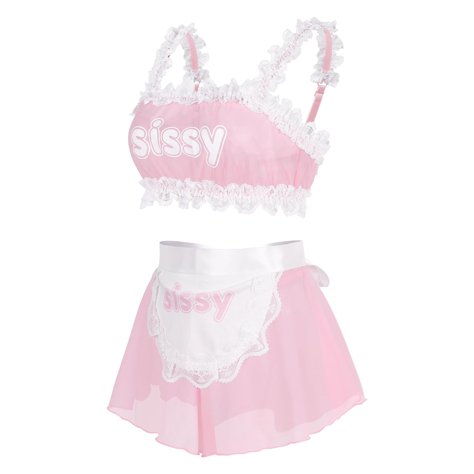 Littleforbig Unisex Adjustable Lacy Strap Mesh Lingerie Loungewear Sissy Maid See-through Bralette Skirted Panties Set - Image 3