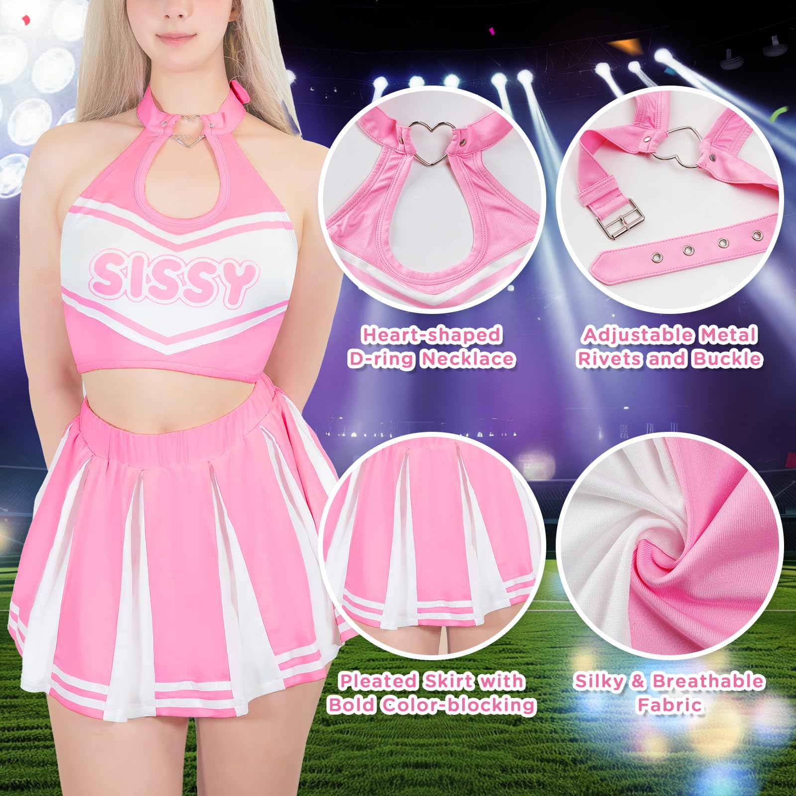 Littleforbig Unisex Heartbreaker Collared Sleepwear Lingerie Loungewear Sissy Game Day Cheerleader Skirt Set 2 Pieces - Image 5